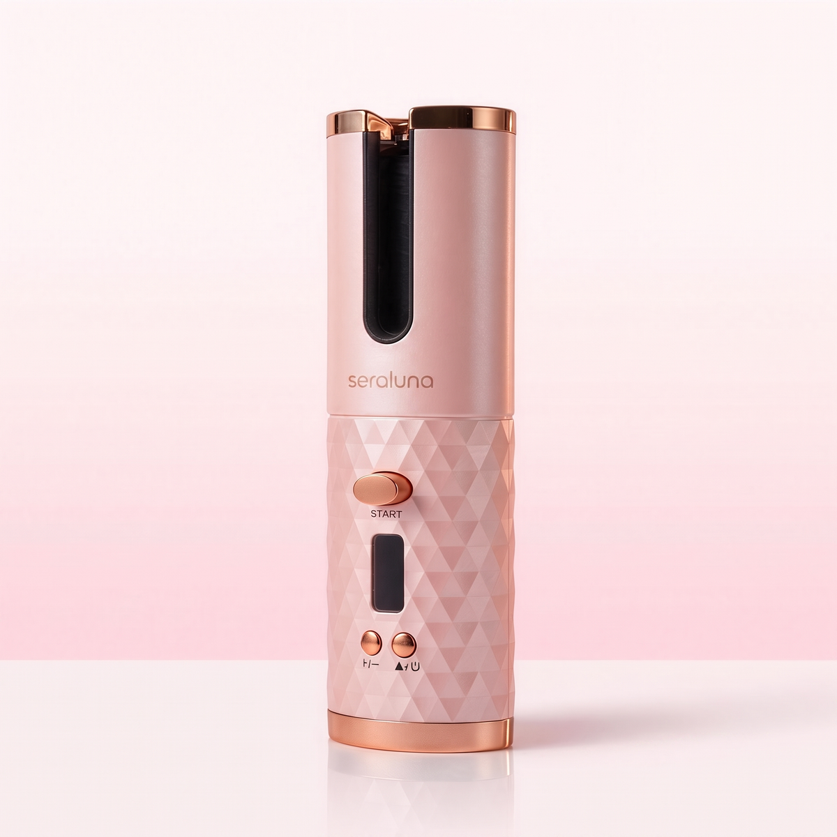 Seraluna Curl — one-button cordless auto curler in pink with rose-gold trim