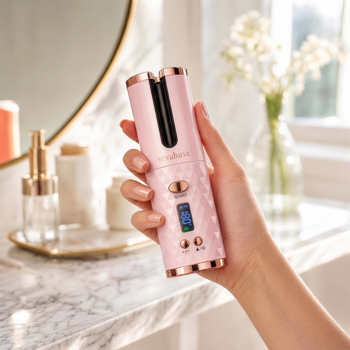 Seraluna Curl in hand — compact 348 g cordless auto curler with digital display