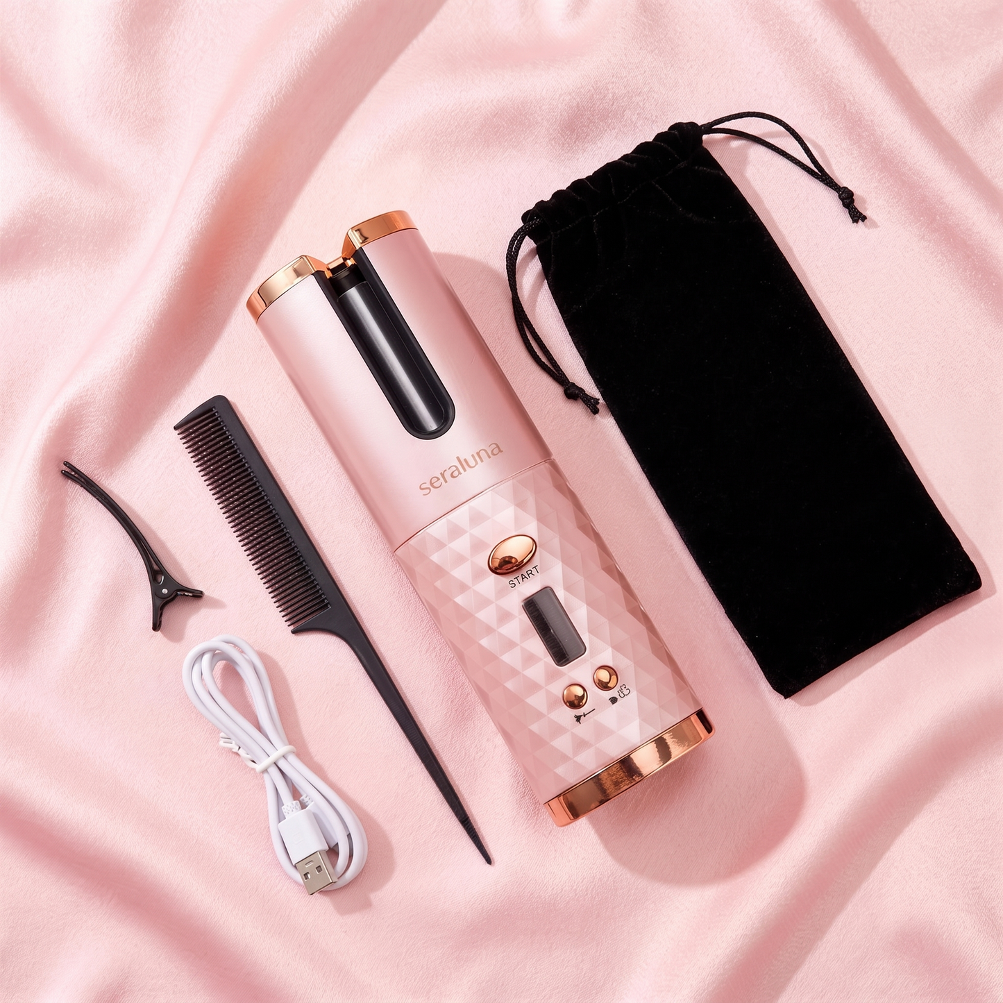 Everything included: Seraluna Curl device, travel pouch, sectioning clip, comb and USB cable