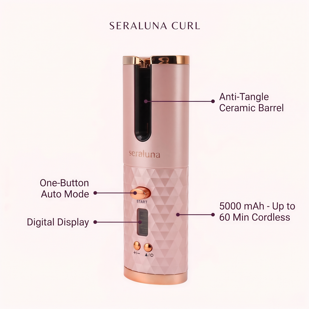 Seraluna Curl features: anti-tangle ceramic barrel, one-button auto mode, digital display, 5000 mAh battery