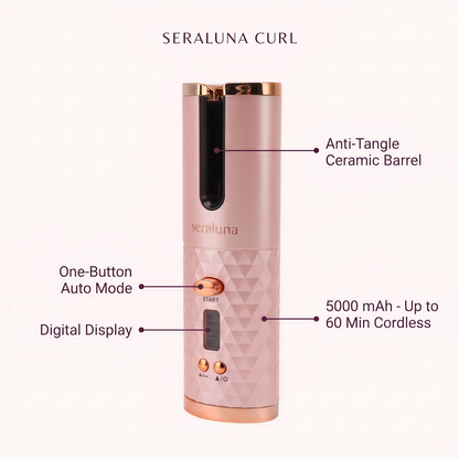 Seraluna Curl features: anti-tangle ceramic barrel, one-button auto mode, digital display, 5000 mAh battery