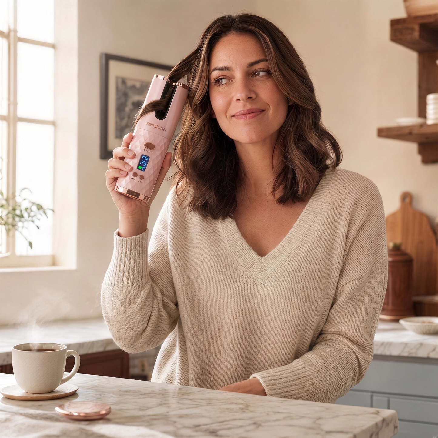 Curling at the kitchen counter while the coffee brews — Seraluna Curl cordless styling