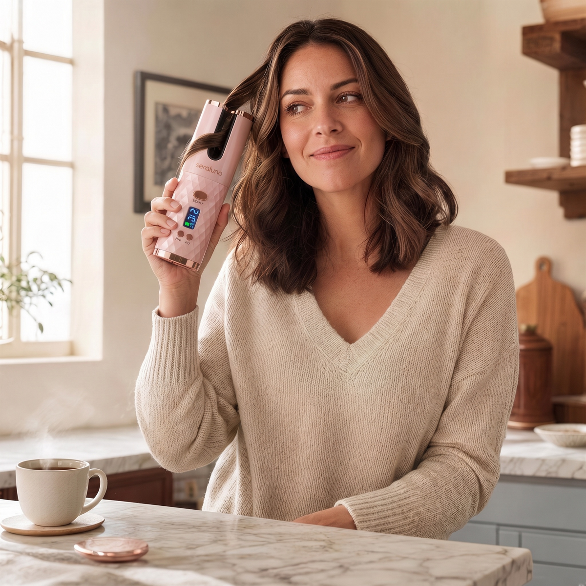 Curling at the kitchen counter while the coffee brews — Seraluna Curl cordless styling