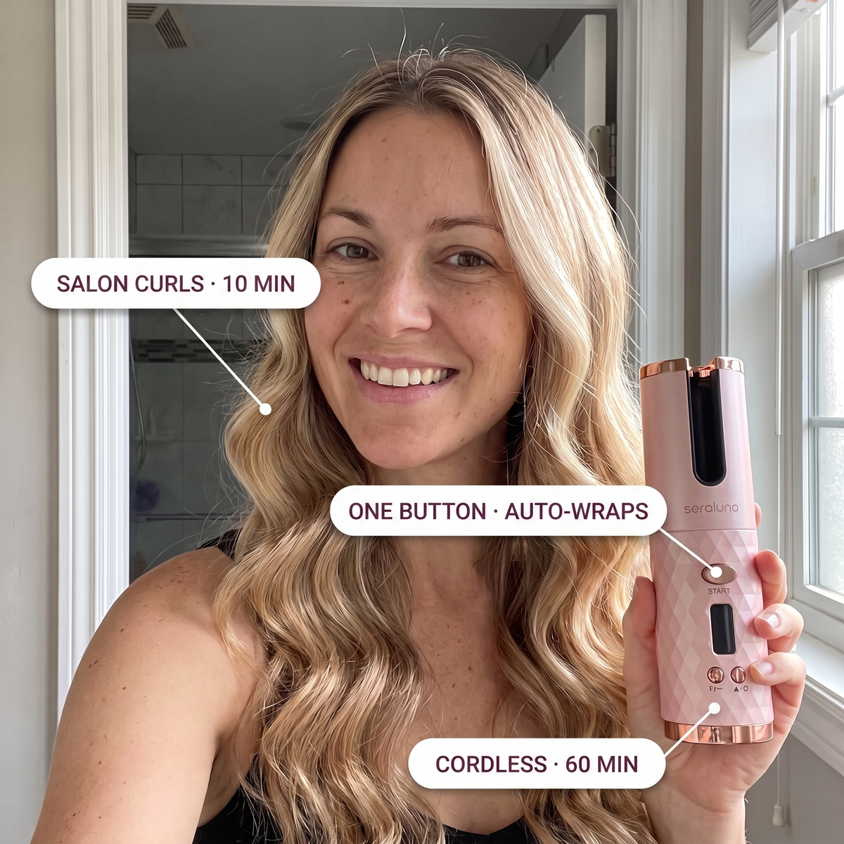 Woman with salon-quality Hollywood waves styled in 10 minutes with the Seraluna Curl one-button cordless auto curler — callouts: salon curls in 10 min, one-button auto-wrap, cordless 60 min