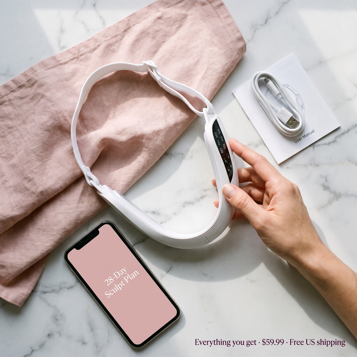 Everything you get with Seraluna Sculpt — device, headband, USB-C cable, manual and the 28-Day Sculpt Plan, $59.99 with free US shipping