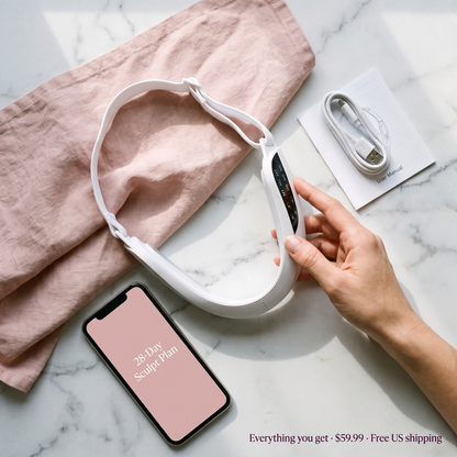 Everything you get with Seraluna Sculpt — device, headband, USB-C cable, manual and the 28-Day Sculpt Plan, $59.99 with free US shipping